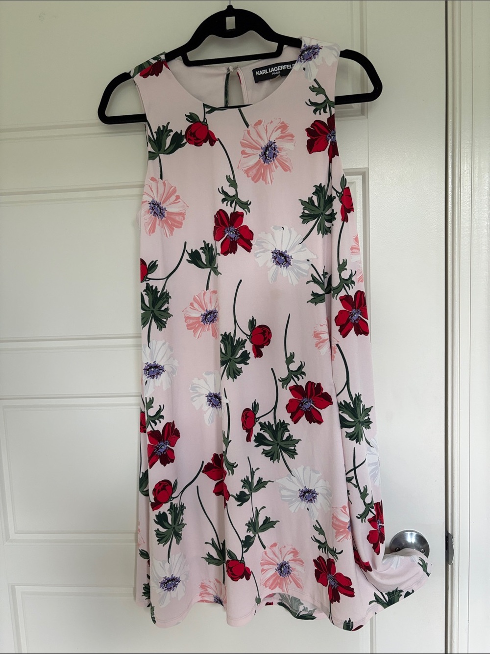 Karl Lagerfeld Pale Pink Floral A-Line Mini Dress with Red & Green Accents